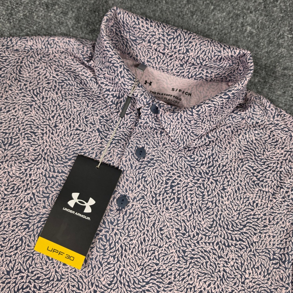 Under Armour Playoff Polo Mens‎ Small Pink Navy Abstract Leaf Print Golf NWT